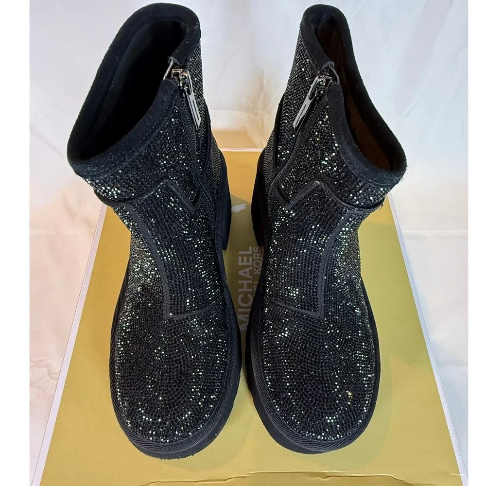 Michael Kors Delilah Bootie Black Rhinestone Platform Lug Sole Boots Womens 7 - Picture 3 of 10